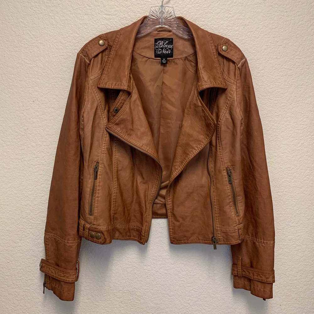 Blanc Noir Tan Faux Leather Moto Jacket